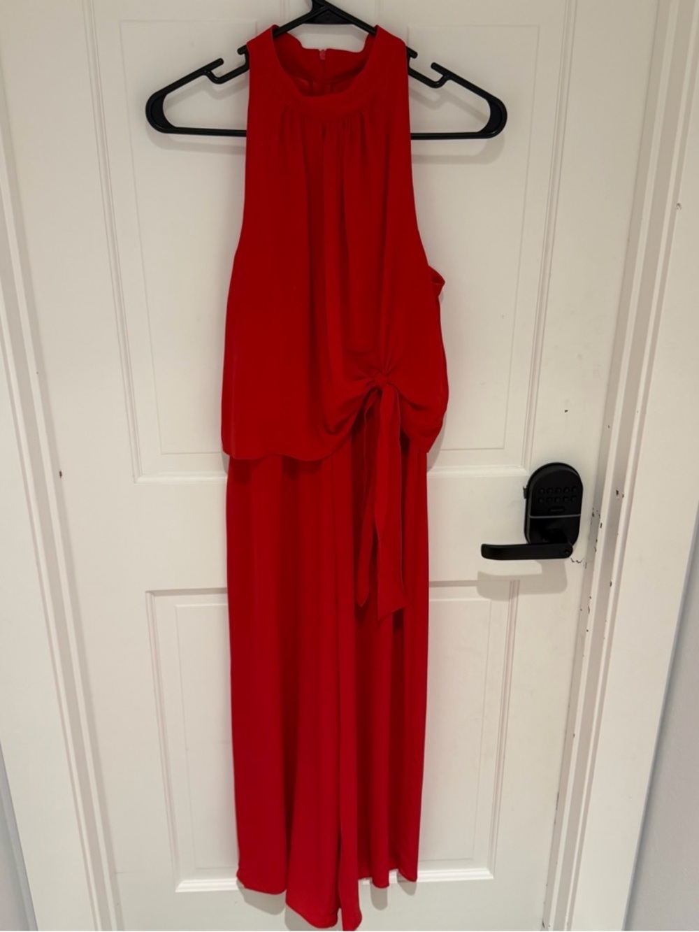 London Times Red Sleeveless Halter Wide-Leg Cropped Jumpsuit - Picture 4 of 8